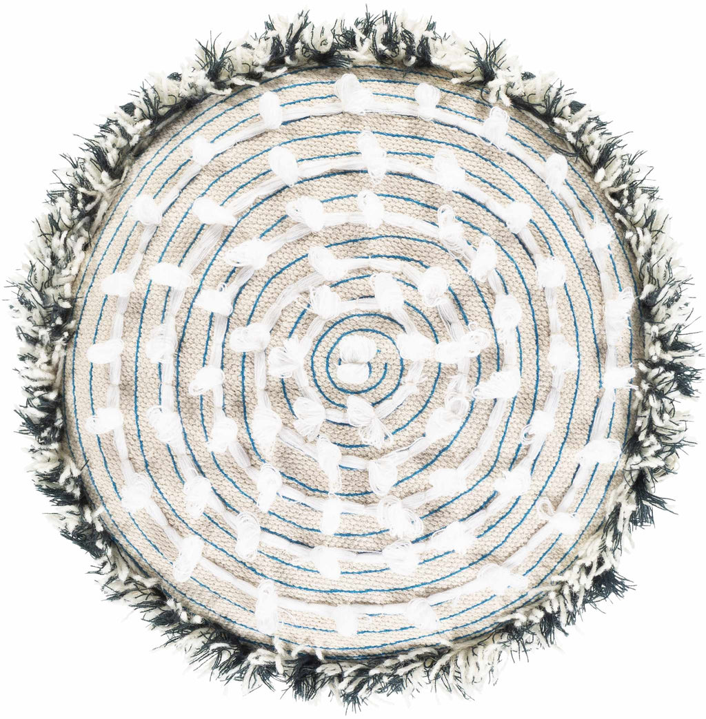 Round woven ottoman with concentric circle pattern and fringed edge on a white background