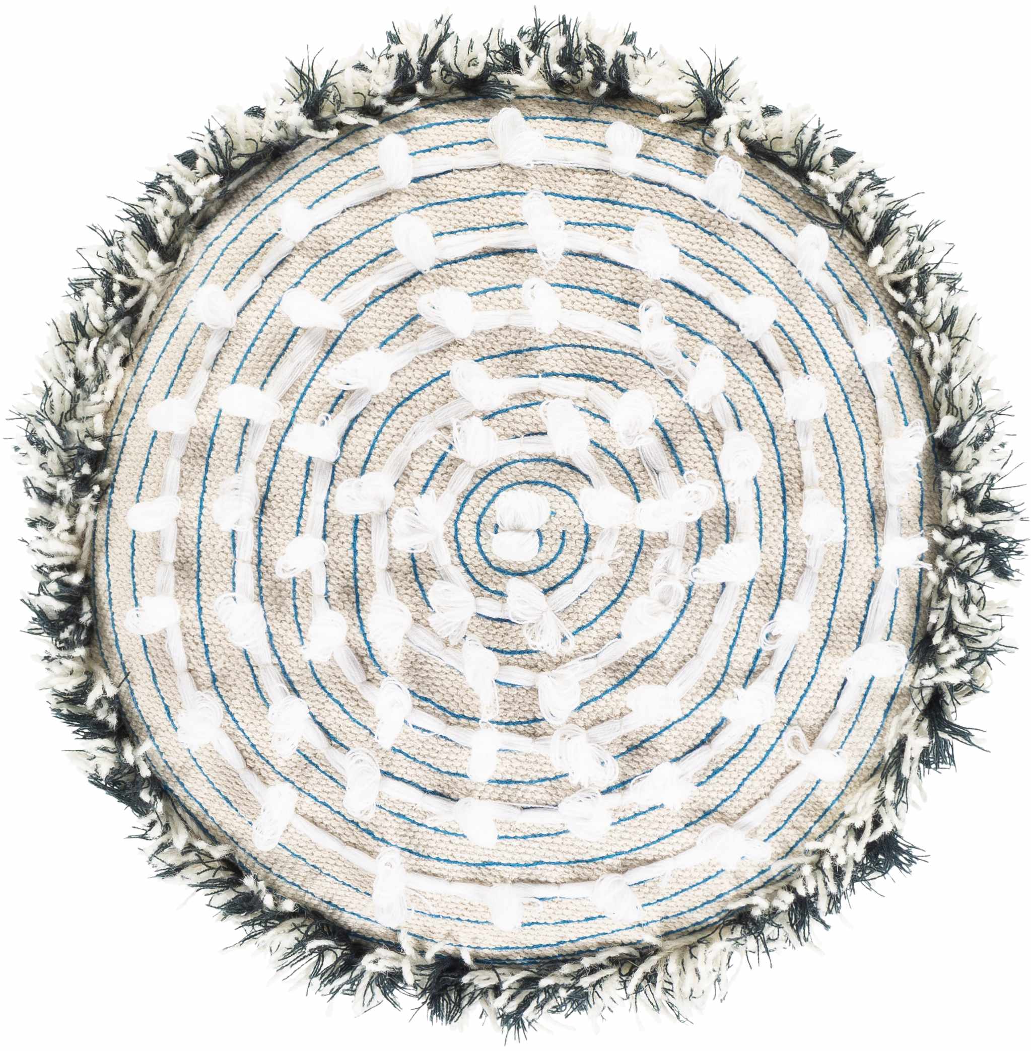 Round woven ottoman with concentric circle pattern and fringed edge on a white background