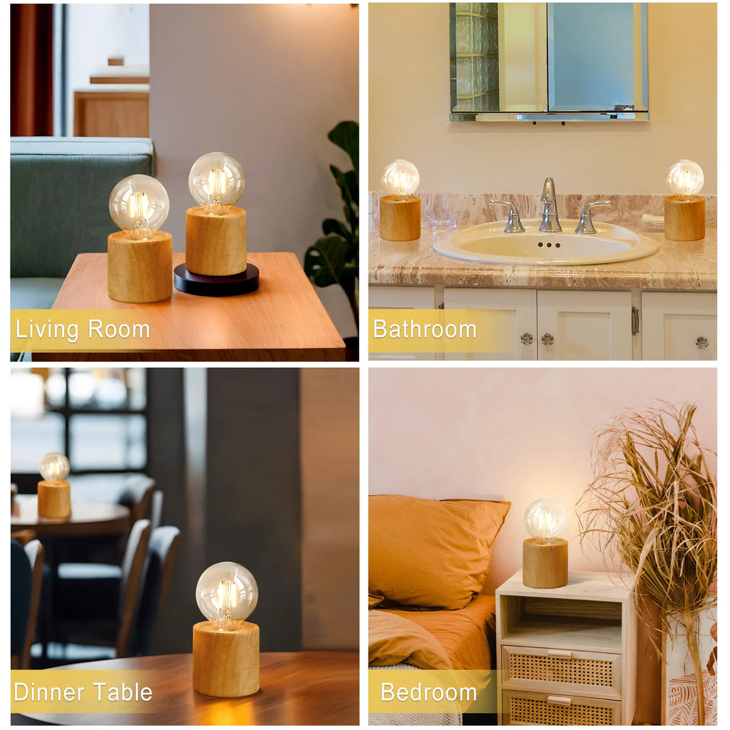 Tall Wood Grain Battery Powered Table Lamp 6.5" (Set of 2)