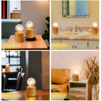Collage of a wooden table lamp in different settings: living room, bathroom, dinner table, and bedroom.