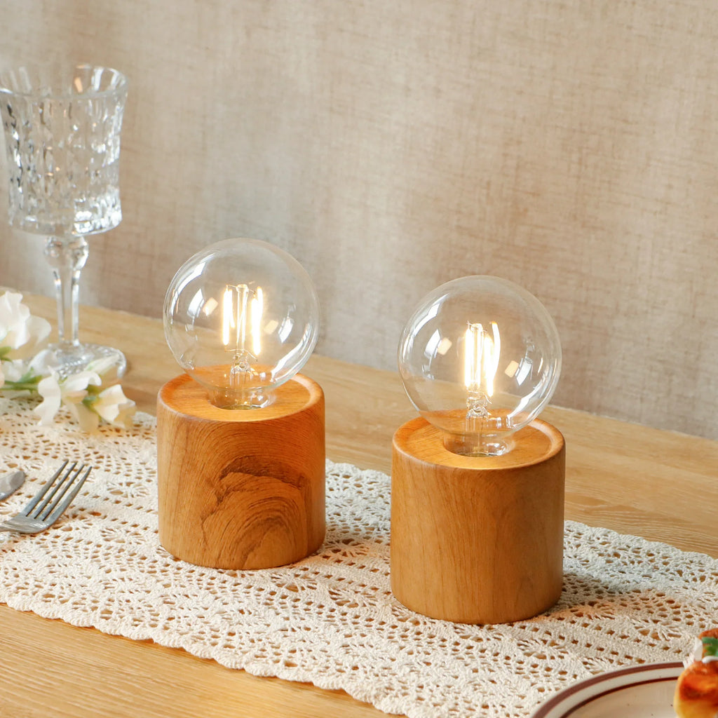 Tall Wood Grain Battery Powered Table Lamp 6.5" (Set of 2)