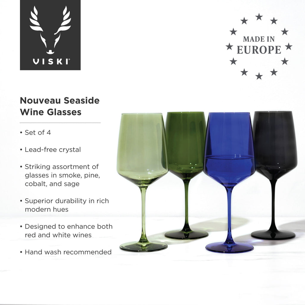 Set of four colored wine glasses with Viski branding and product details on a white background.