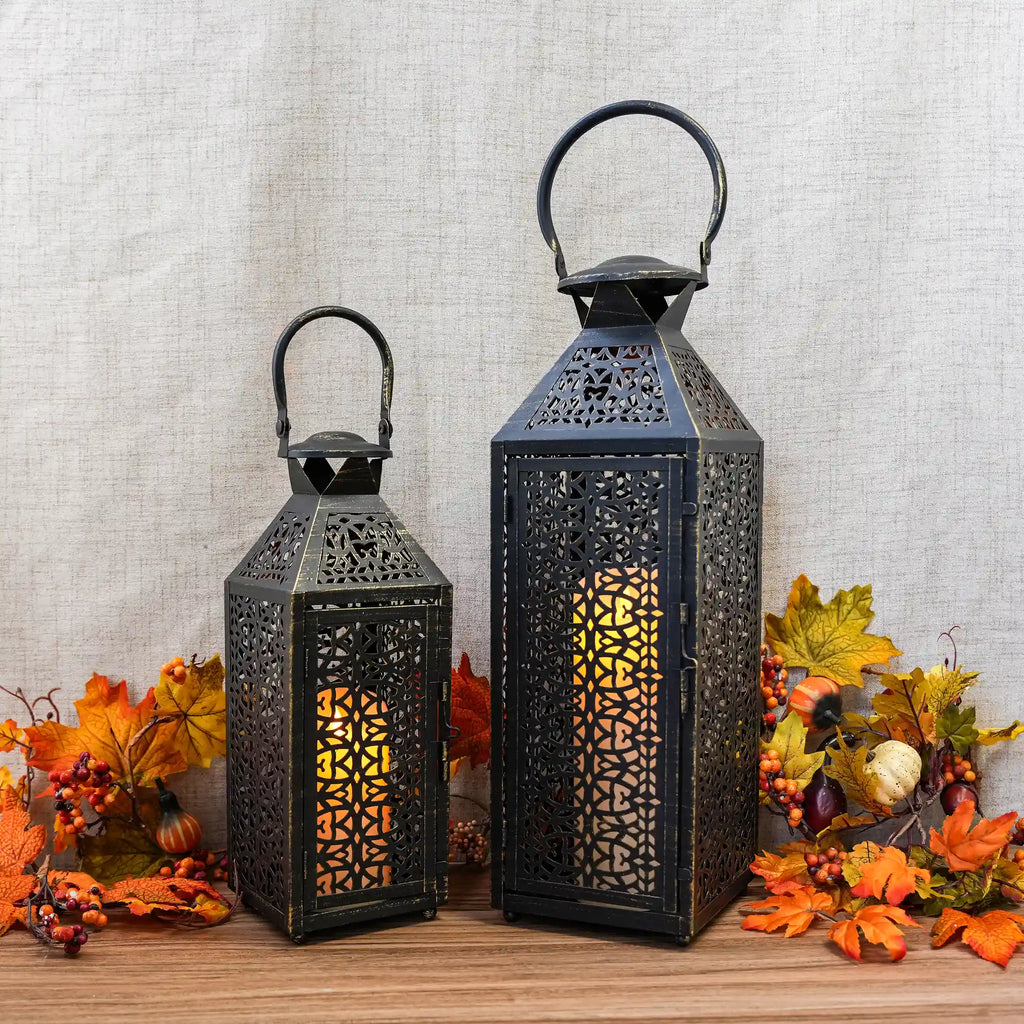 Moroccan Decorative Metal Candle Holders with Hollow Pattern 19"&14''H