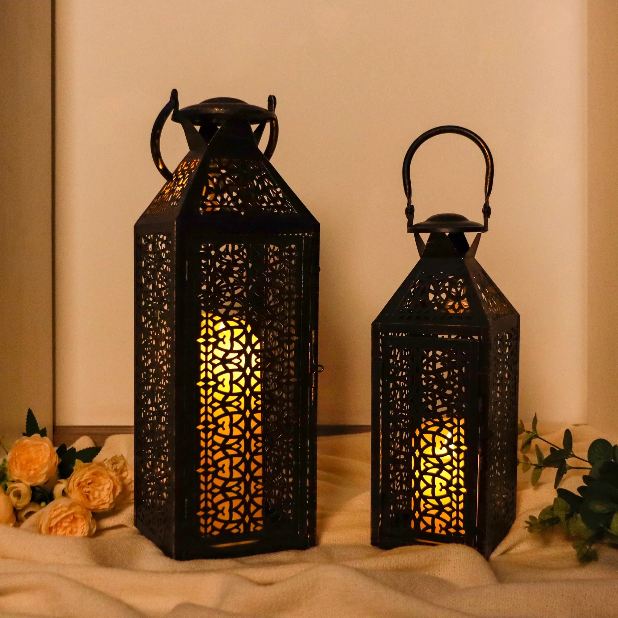 Moroccan Decorative Metal Candle Holders with Hollow Pattern 19"&14''H