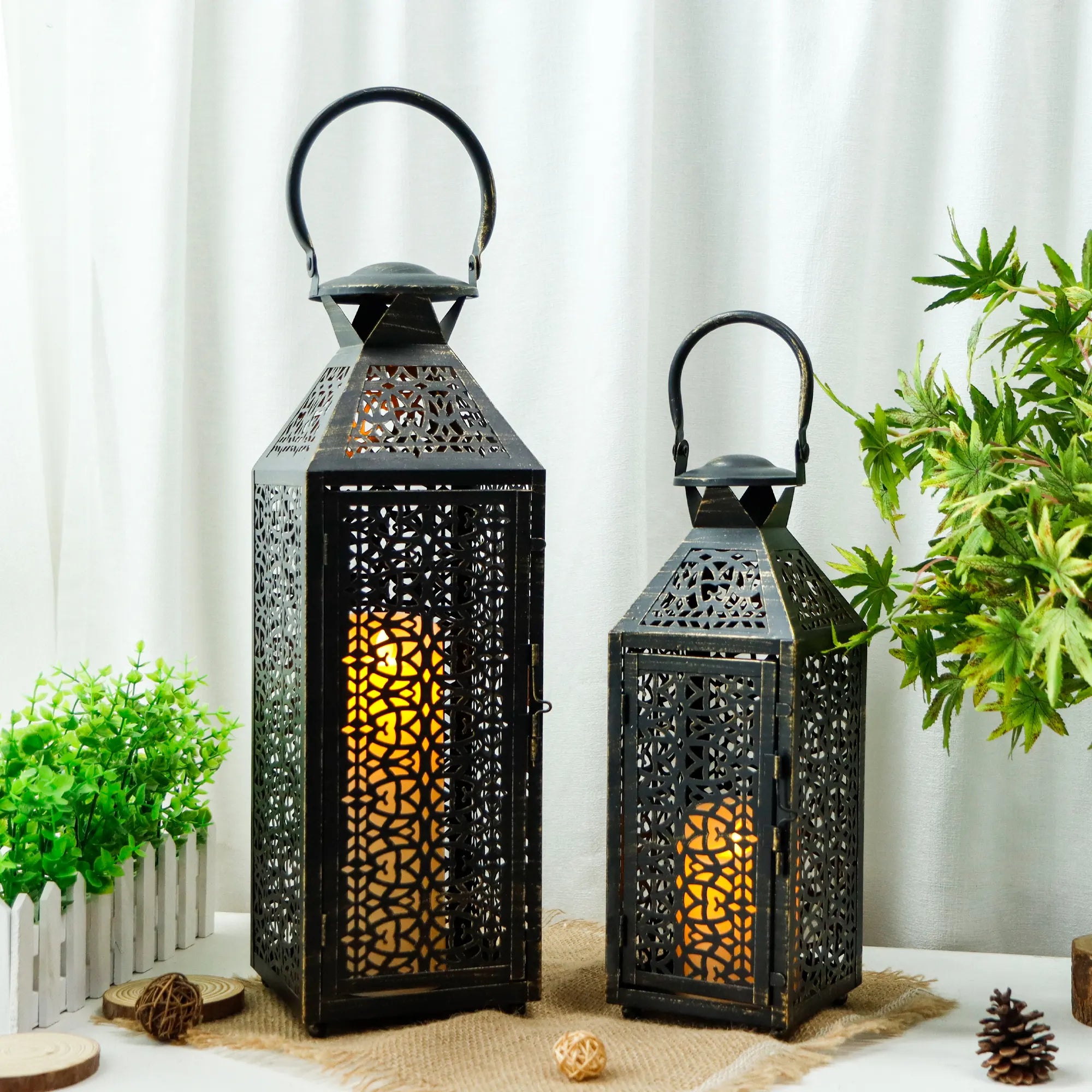 Moroccan Decorative Metal Candle Holders with Hollow Pattern 19"&14''H