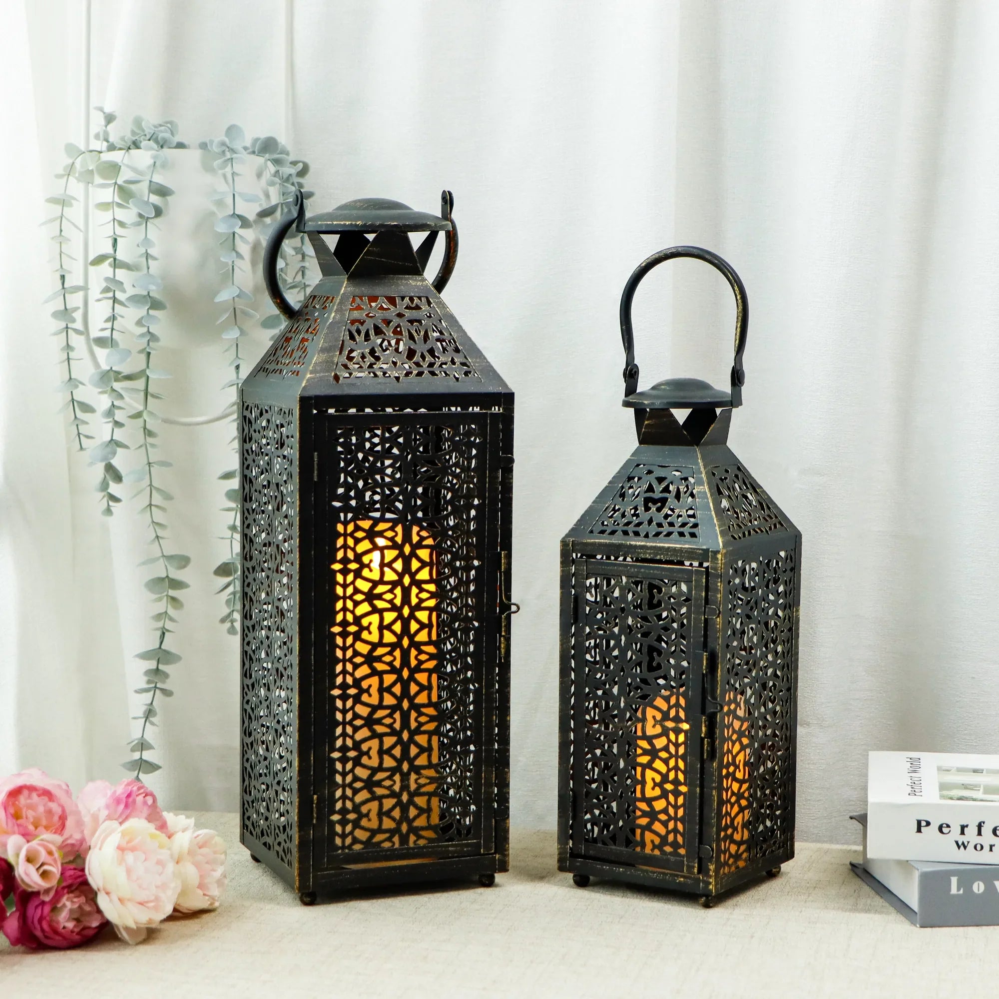 Moroccan Decorative Metal Candle Holders with Hollow Pattern 19"&14''H