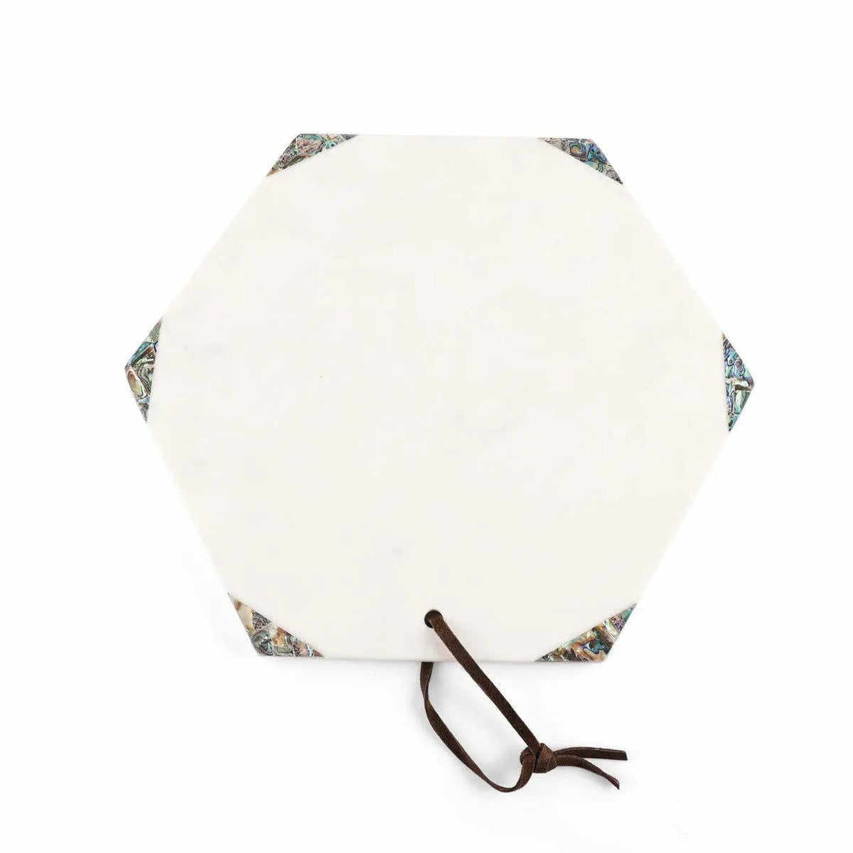 An octagonal white stone serving board with a dark brown leather loop on one side and decorative multicolor inlay at the corners, shown on a white background.