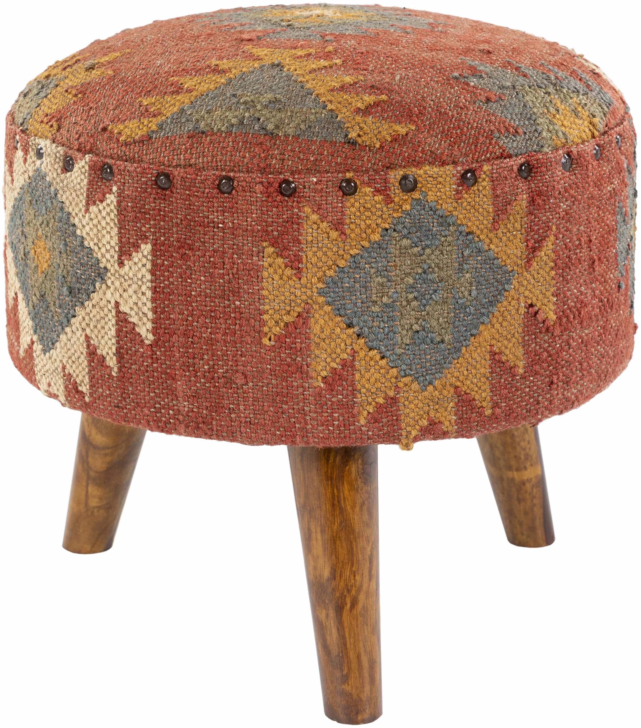 Round ottoman with patterned fabric and wooden legs on a white background
