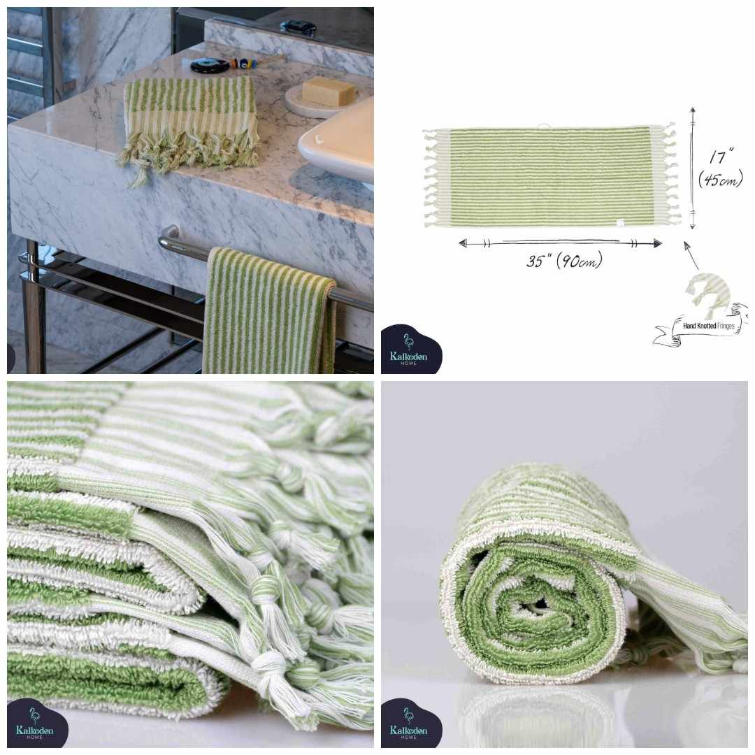 Green and white striped hand towel with tassels, displayed in a modern bathroom, close-ups and size chart included