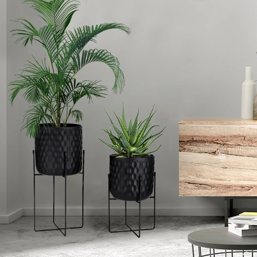 Tall Metal Flowerpot with Stand 12"&18" H - Black (Set of 2)