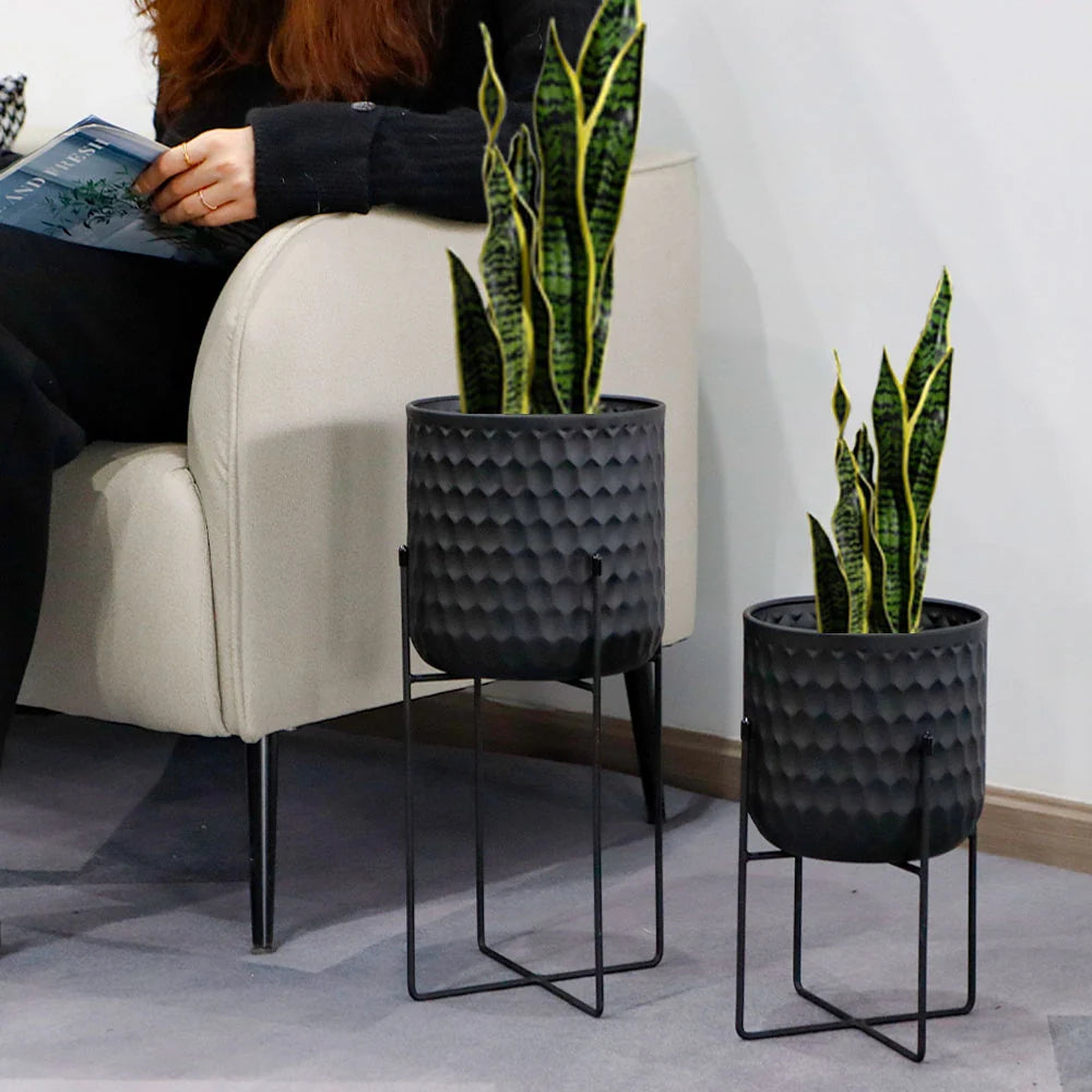 Tall Metal Flowerpot with Stand 12"&18" H - Black (Set of 2)