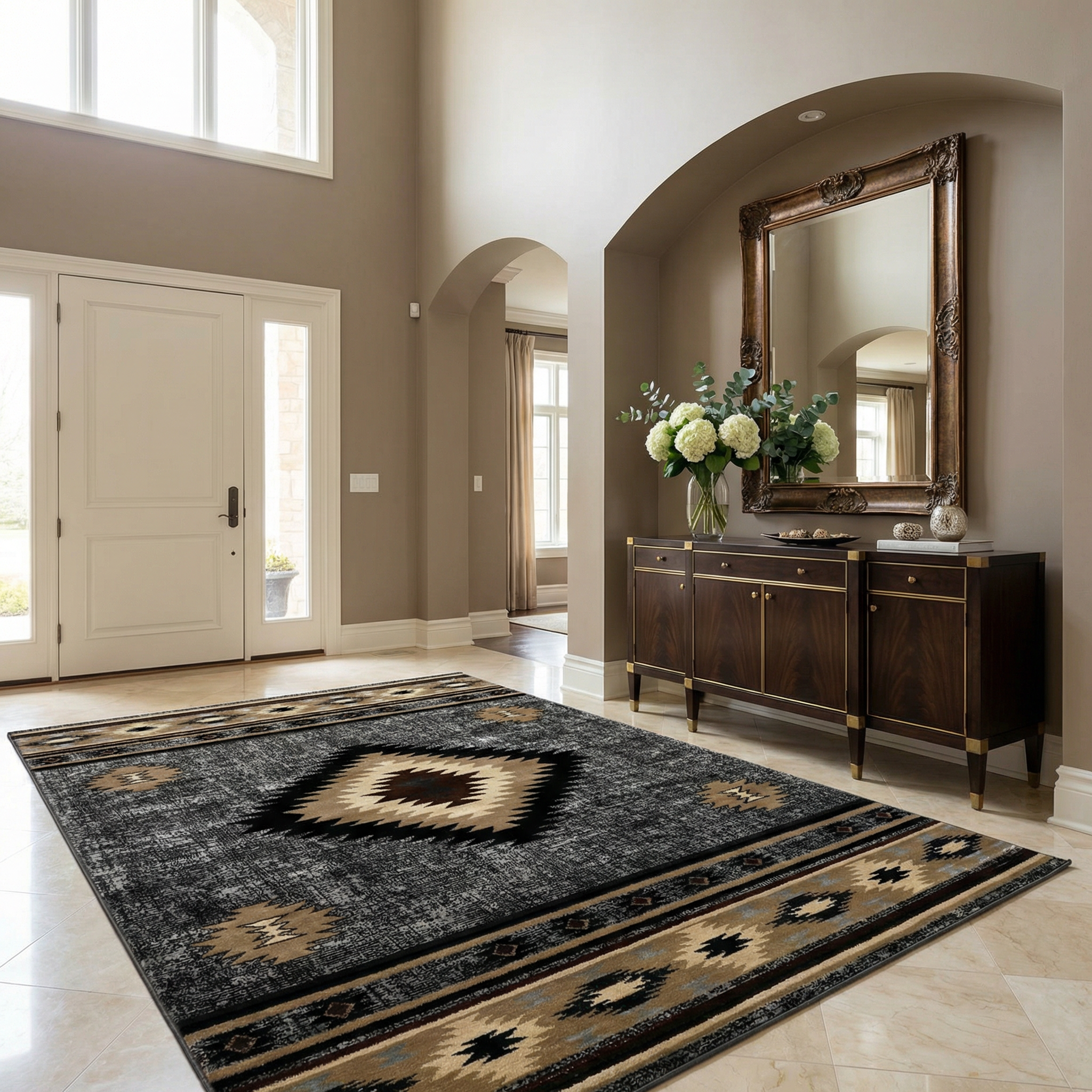 Decorative rug with geometric pattern in a stylish room with a mirror and furniture.