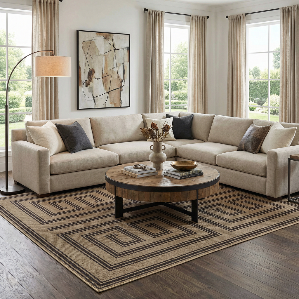 Living room with beige sectional sofa, wooden coffee table, and decorative elements.