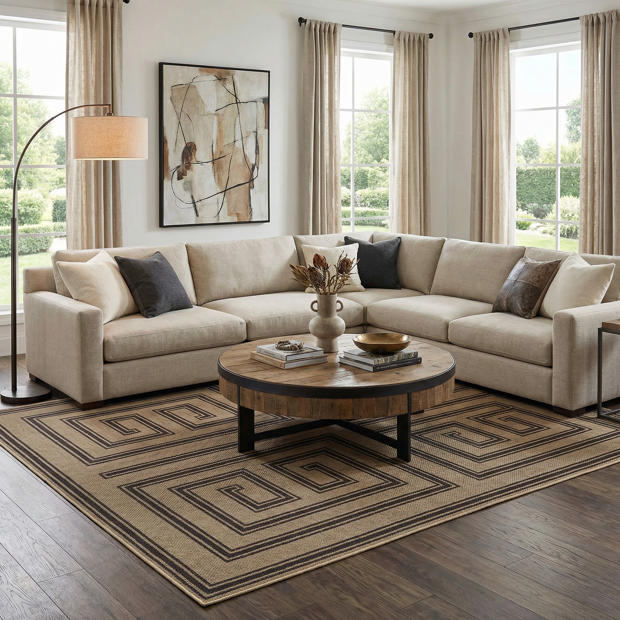 Living room with beige sectional sofa, wooden coffee table, and decorative elements.