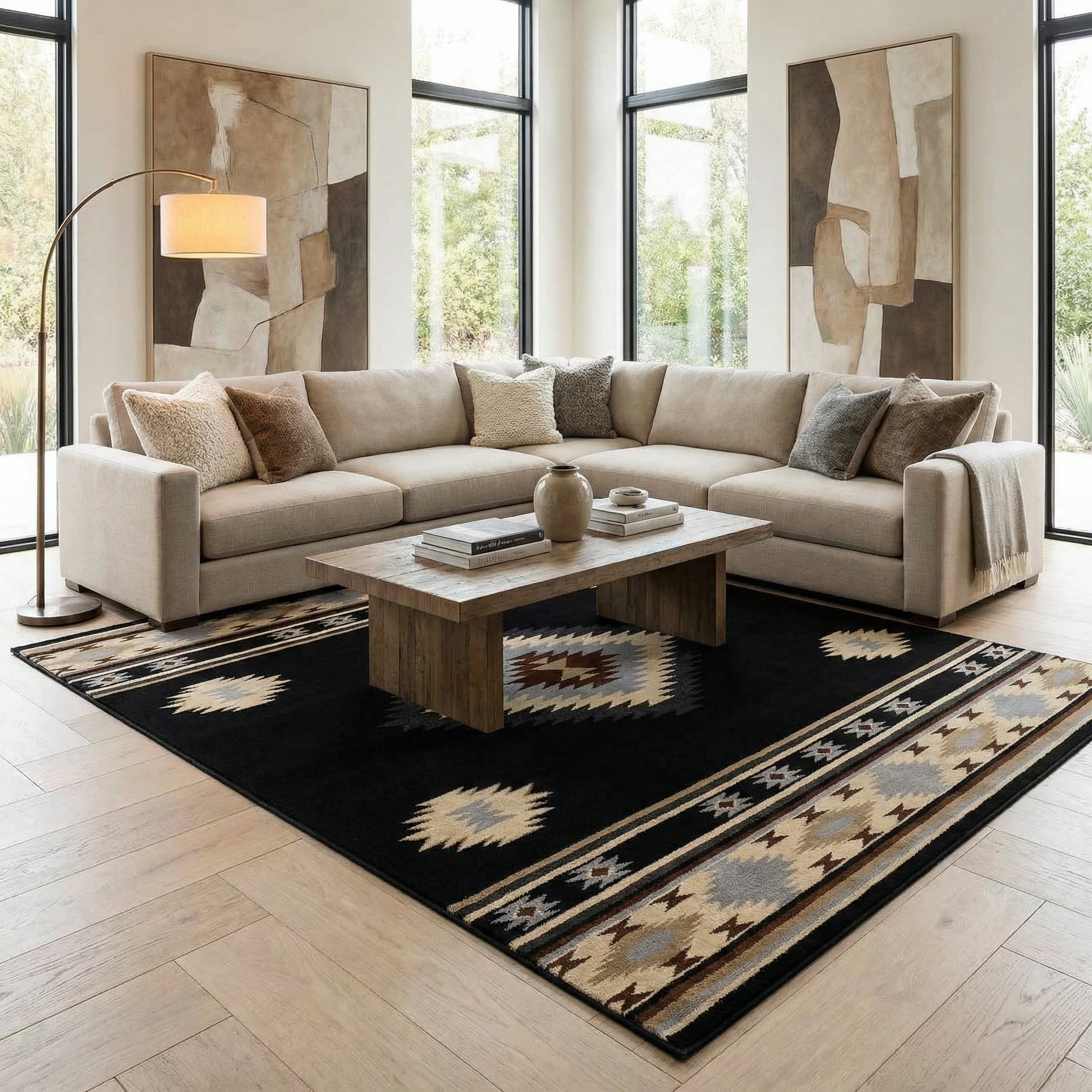 Modern living room with a sectional sofa, coffee table, and decorative rug.