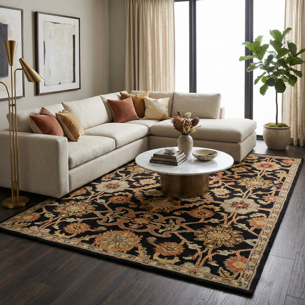 Living room with a sectional sofa, coffee table, and decorative rug.