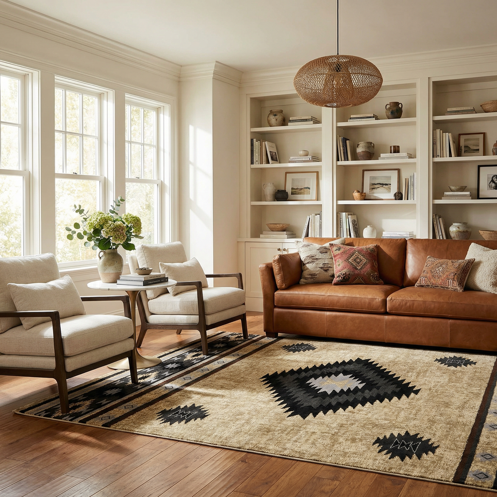 Living room with brown leather sofa, white chairs, and a patterned rug.
