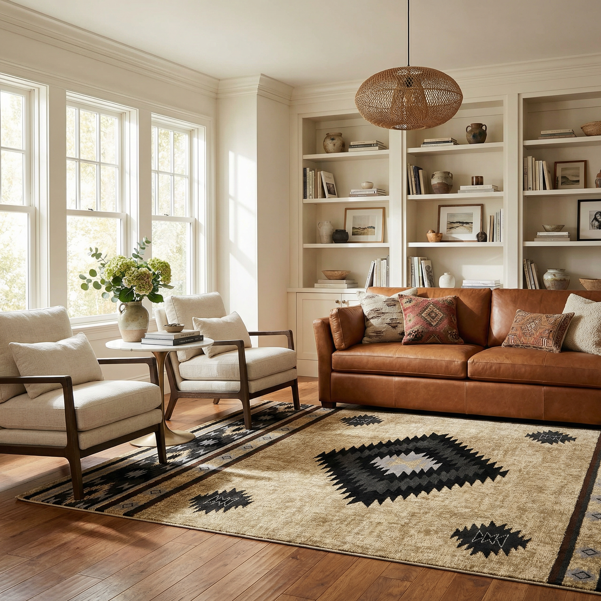 Living room with brown leather sofa, white chairs, and a patterned rug.