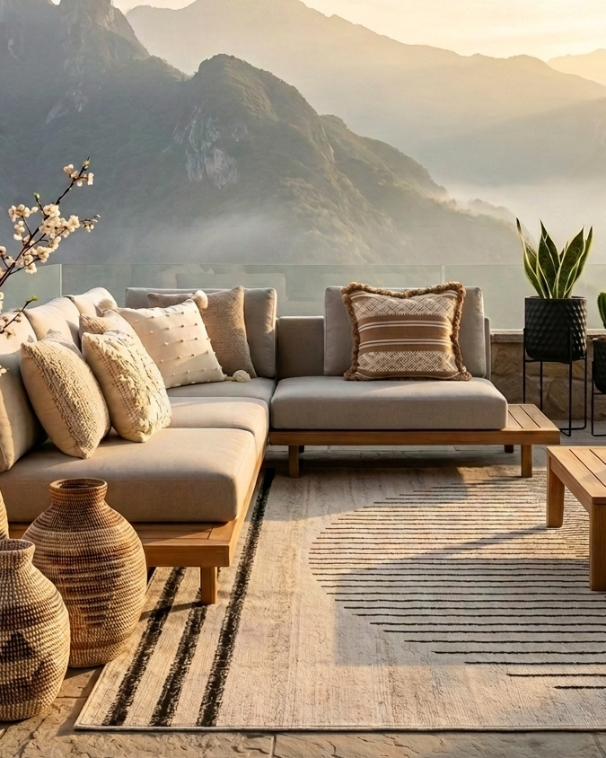 Outdoor patio with sectional sofa, decorative vases, and mountain view.