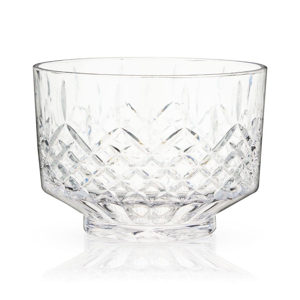 Clear glass bowl with diamond cut pattern on a white background