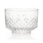 Clear glass bowl with diamond cut pattern on a white background