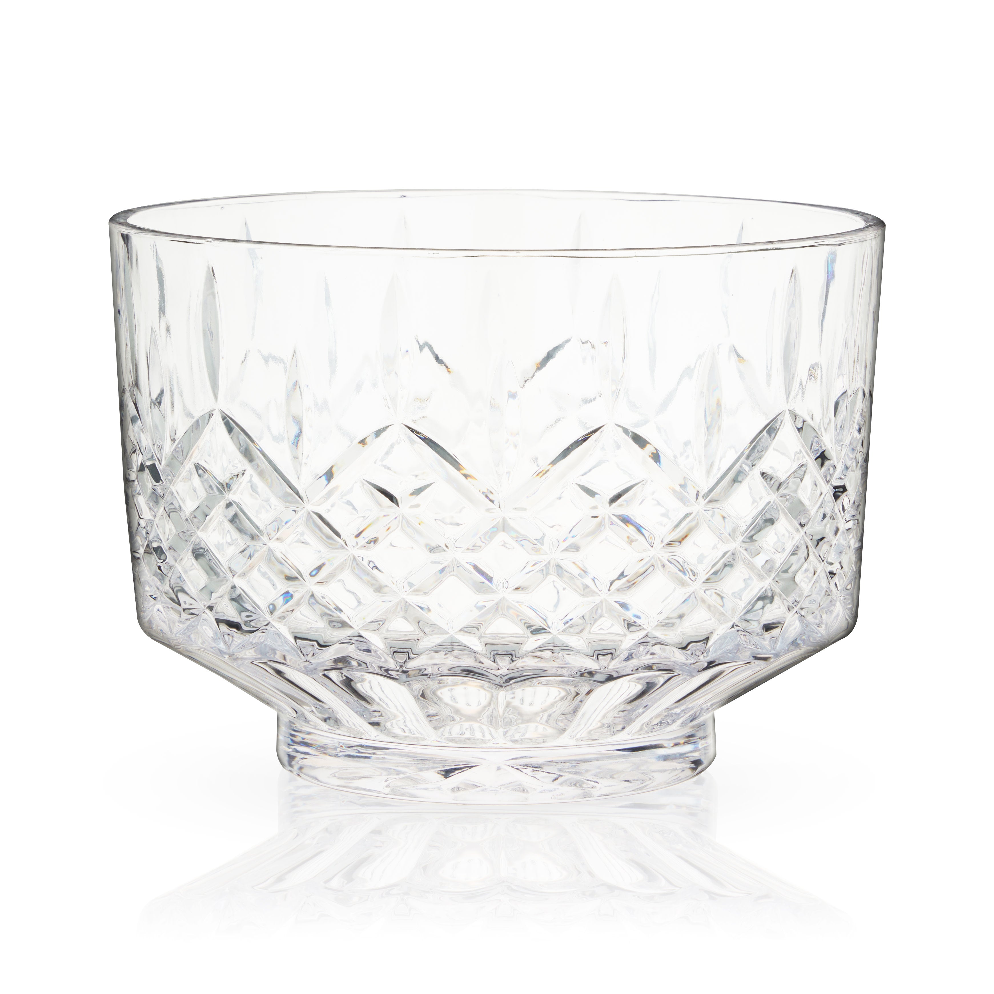 Clear glass bowl with diamond cut pattern on a white background