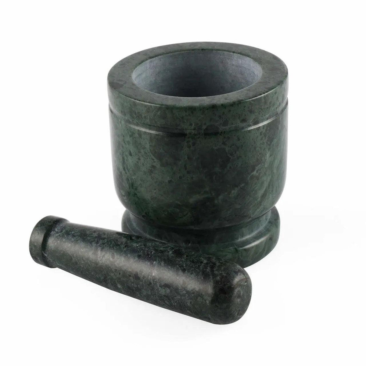 Green marble mortar and pestle on a white background