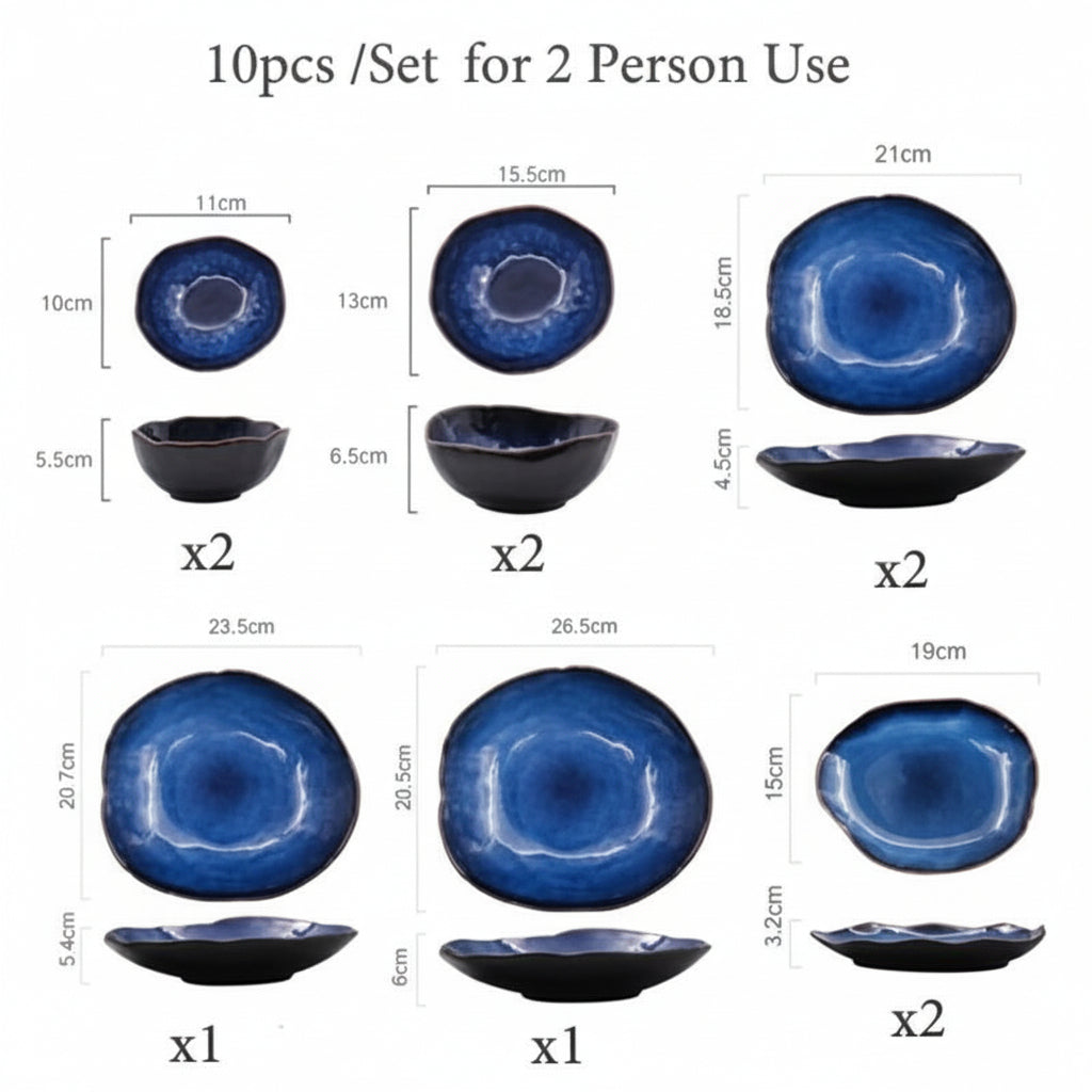 Amelia Blue Porcelain Dinnerware Set 10-piece — dimension diagram showing all 6 piece types with cm measurements for 2-person use