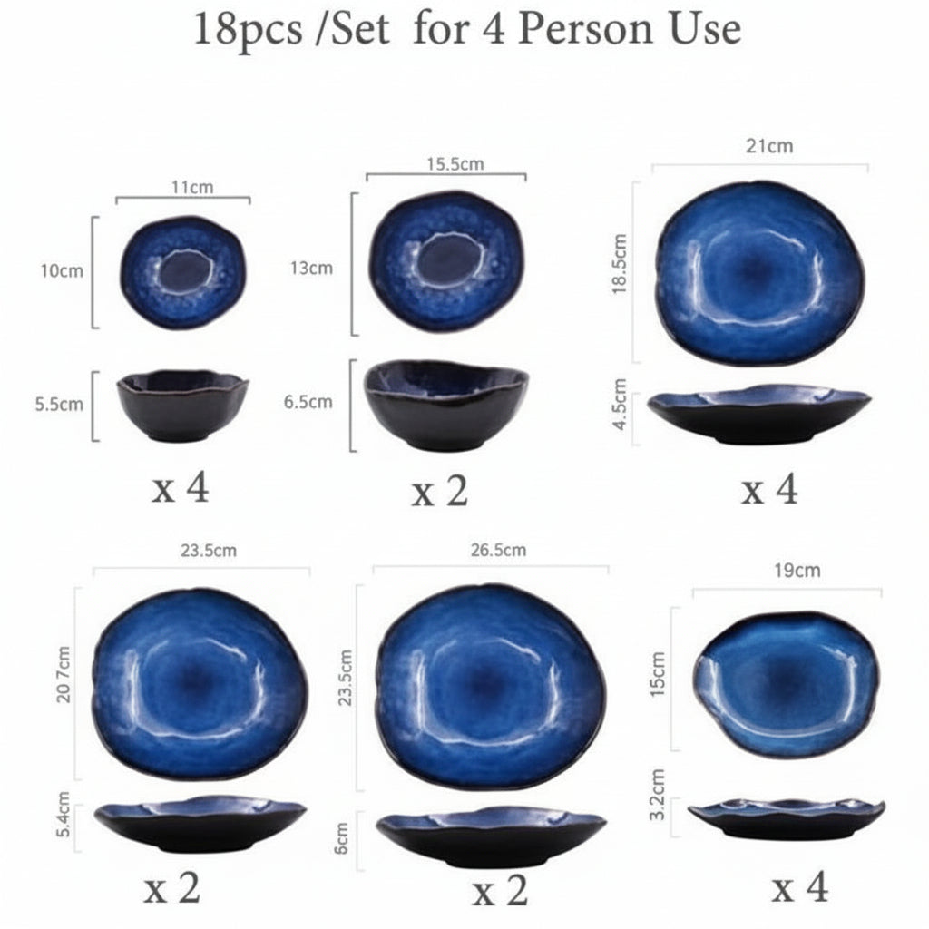 Amelia Blue Porcelain Dinnerware Set 18-piece — dimension diagram showing all 6 piece types with cm measurements