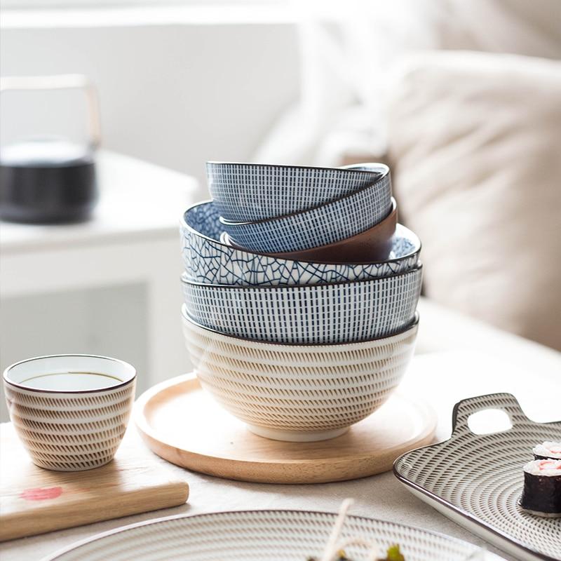 Modern Ceramic Bowls — all four colorways grouped together: Blue Square crackle, Sand Dots hatched cream, Blue Wave pinstripe, and Terracota brown