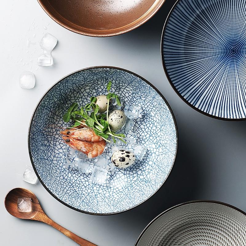 Modern Ceramic Bowls — all four colorways grouped together: Blue Square crackle, Sand Dots hatched cream, Blue Wave pinstripe, and Terracota brown