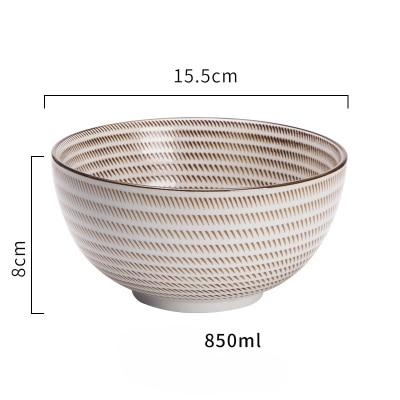 Modern Ceramic Bowl Sand Dots medium — dimension diagram showing 15.5 cm × 8 cm, warm beige diagonal hatched glaze, 850ml capacity