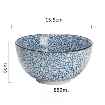 Modern Ceramic Bowl Blue Wave medium — dimension diagram showing 15.5 cm × 8 cm, vertical cobalt pinstripe glaze, 850ml capacity