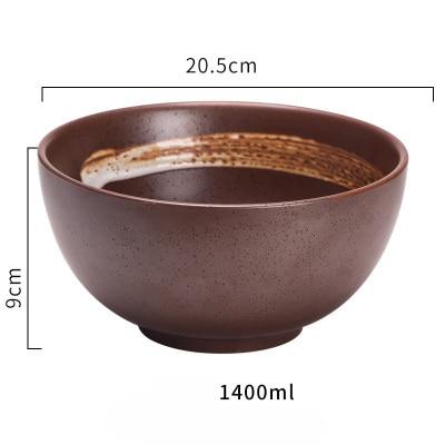 Modern Ceramic Bowl Terracota large — dimension diagram showing 20.5 cm × 9 cm, matte brown reactive glaze, 1400ml capacity