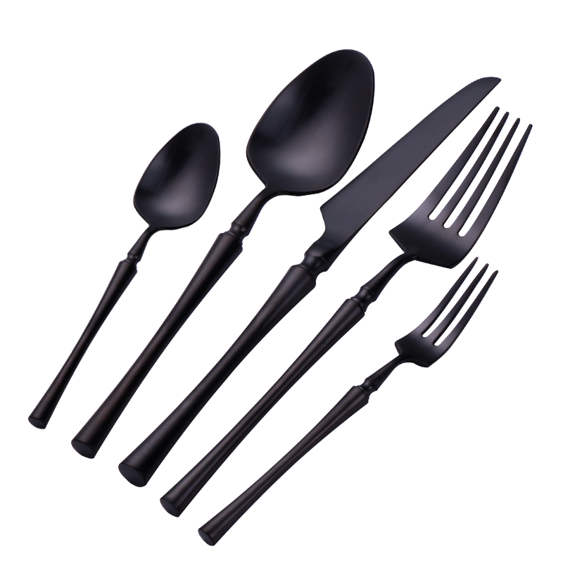 Set of black cutlery including spoons, knife, and forks on a white background