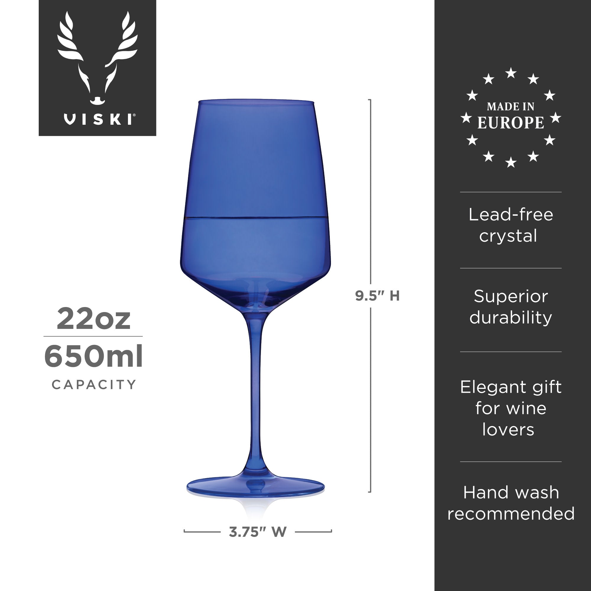 Blue wine glass with Viski branding, capacity, height, and material information on a white background.