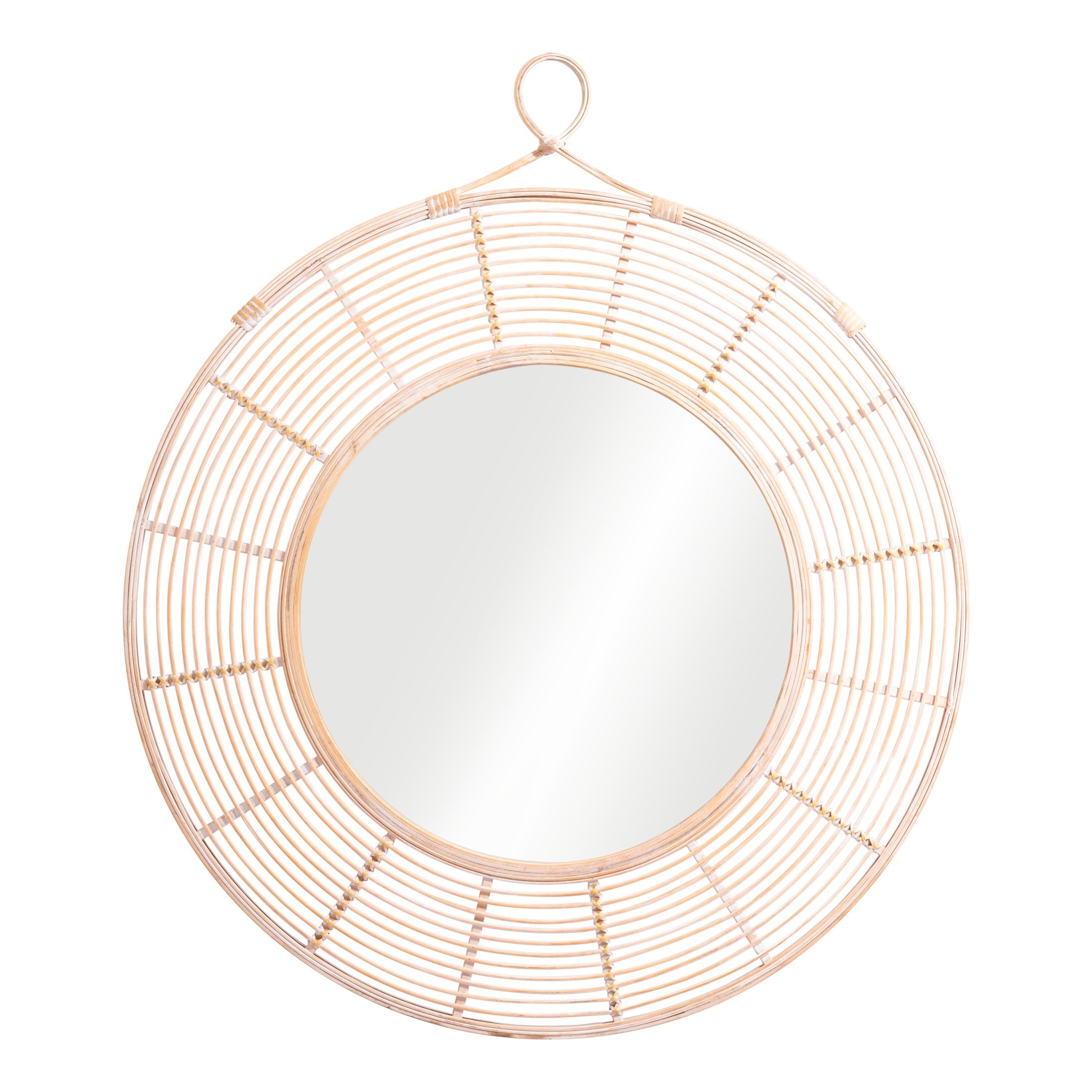 Round mirror with a rattan-like frame on a white background
