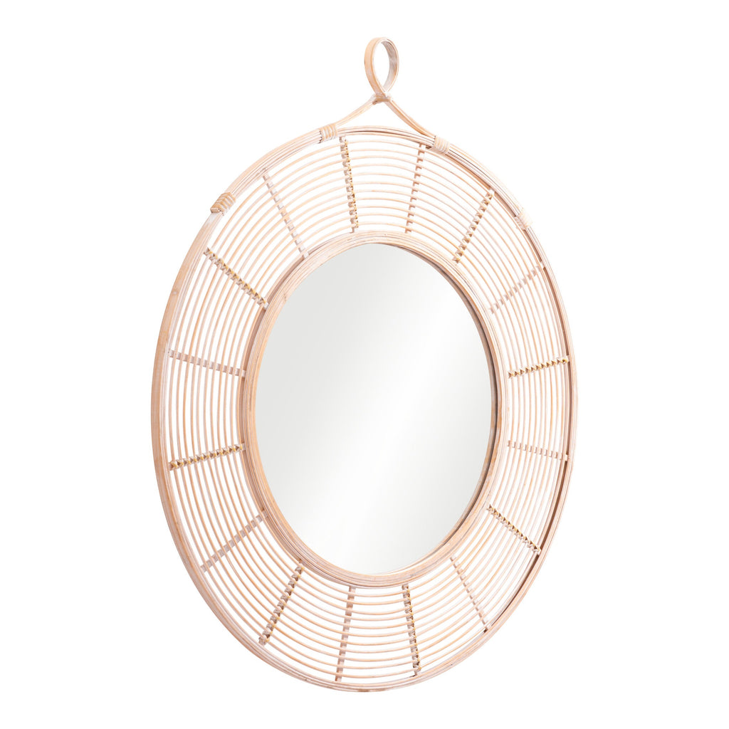 Round mirror with a wicker-like frame on a white background