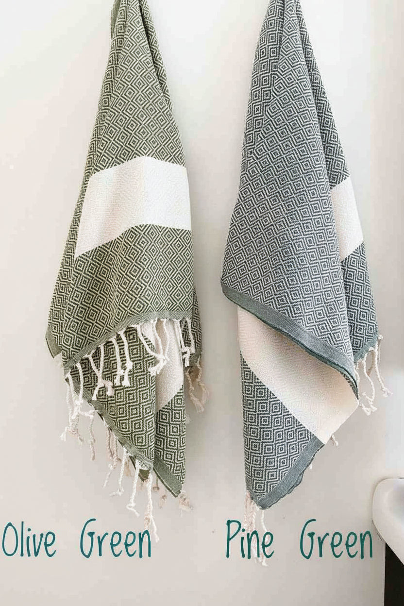 Soft cotton Turkish hand kitchen towels in olive green and pine green with diamond patterns