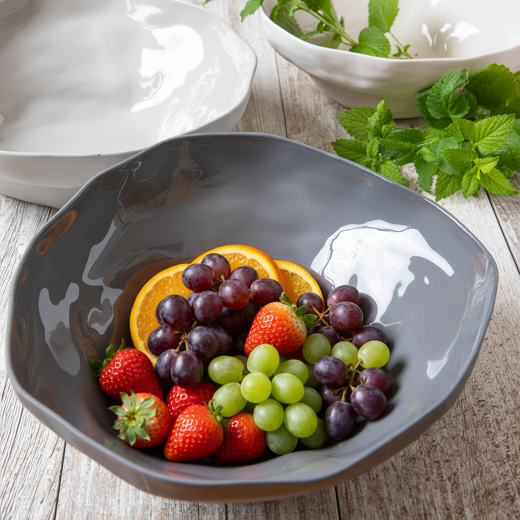Gray bowl filled with fruits on a wooden surface
