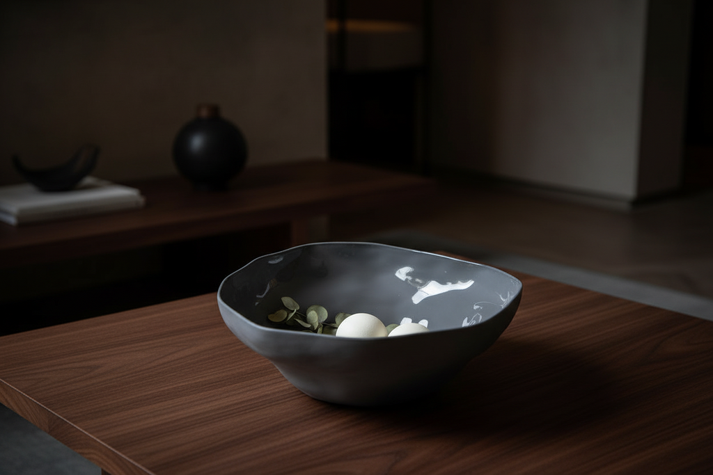 Gray ceramic bowl on a wooden table with a blurred background