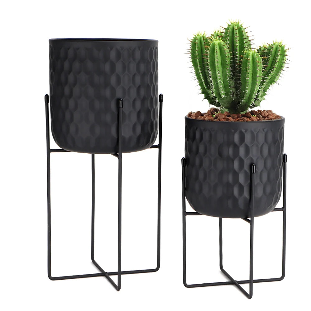 Tall Metal Flowerpot with Stand 12"&18" H - Black (Set of 2)