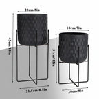 Dimensions of two black textured planters with stands on a white background