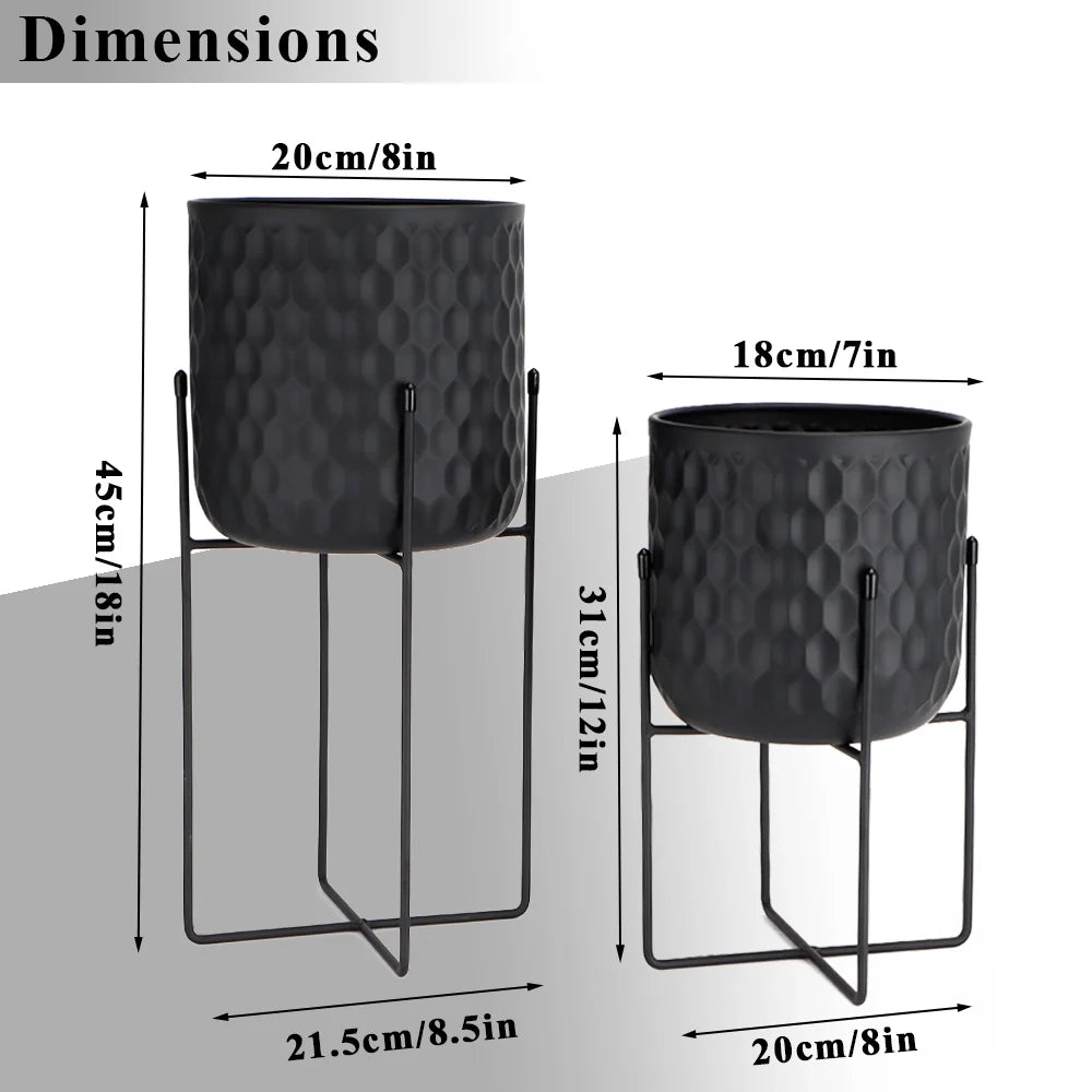 Tall Metal Flowerpot with Stand 12"&18" H - Black (Set of 2)