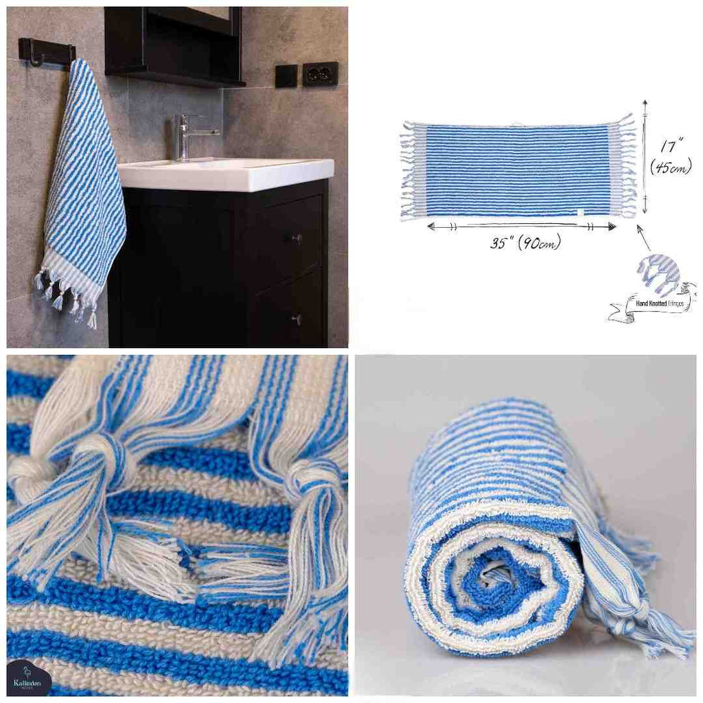 Blue and white striped hand towel with knotted fringes, shown hanging, rolled, and close-up.