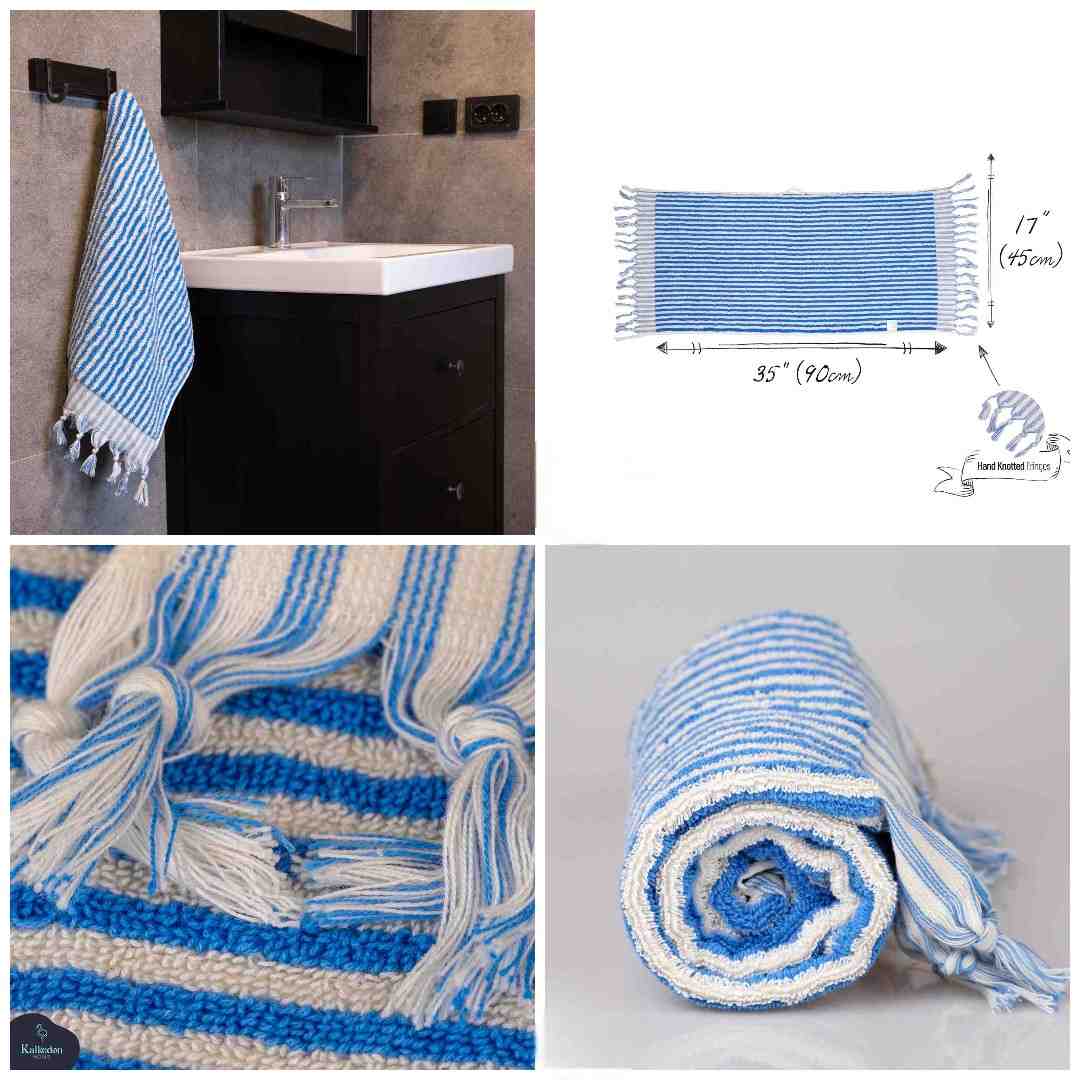 Blue and white striped hand towel with knotted fringes, shown hanging, rolled, and close-up.