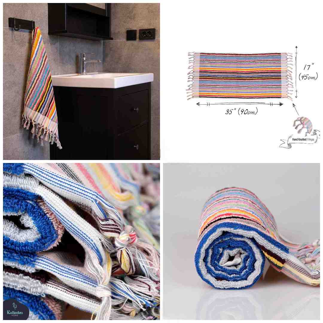 Colorful striped handwoven cotton rug with fringes, displayed in modern bathroom and close-up views.