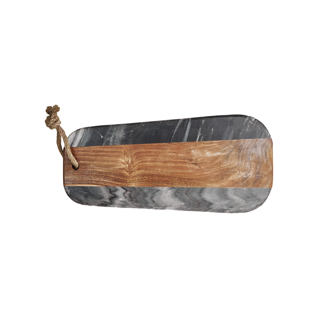 Wooden and marble cutting board with a handle on a white background