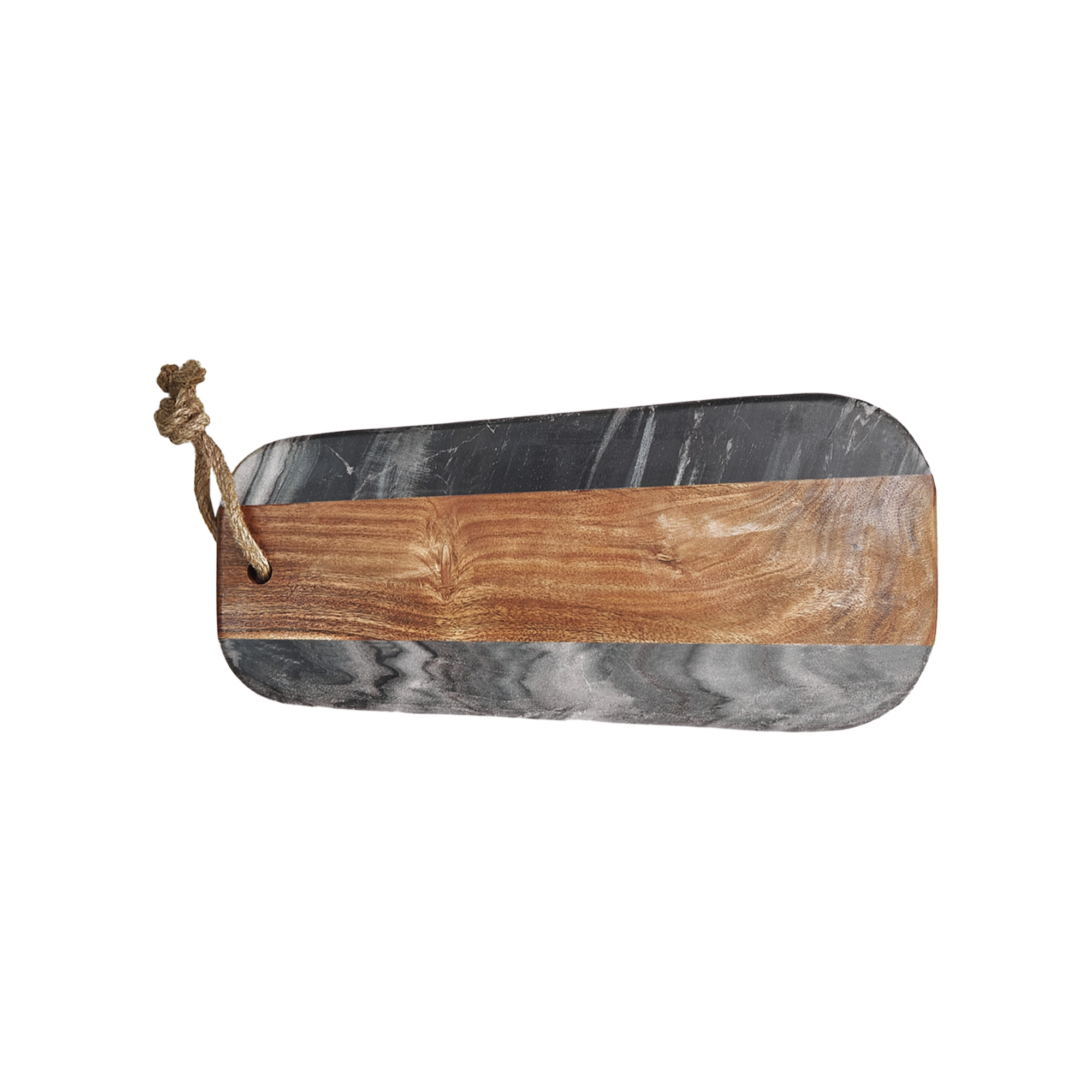 Wooden and marble cutting board with a handle on a white background