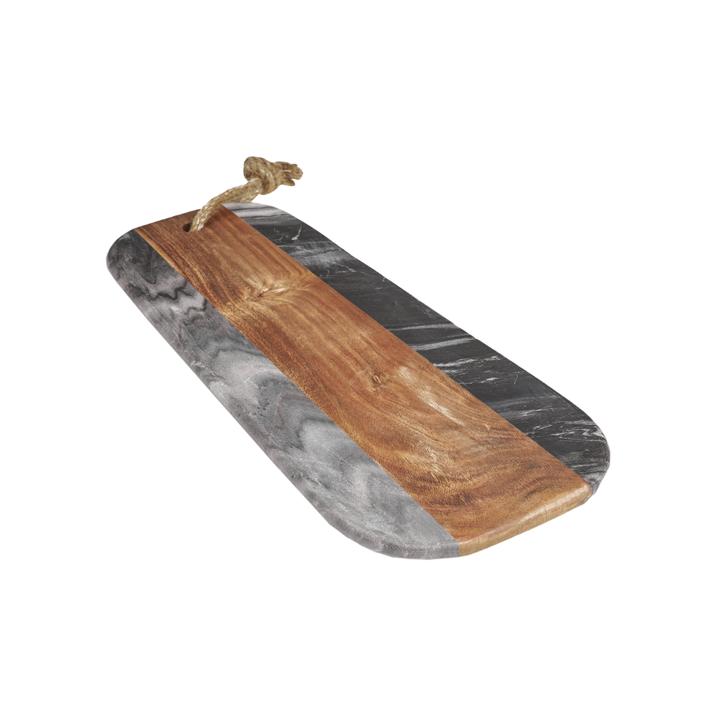 Wooden cutting board with marble-like finish and rope handle on a white background
